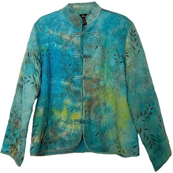 Mirasol Turquoise Quilted Jacket Oriental Style Lagenlook Artsy Rayon Size Large - Picture 11 of 11